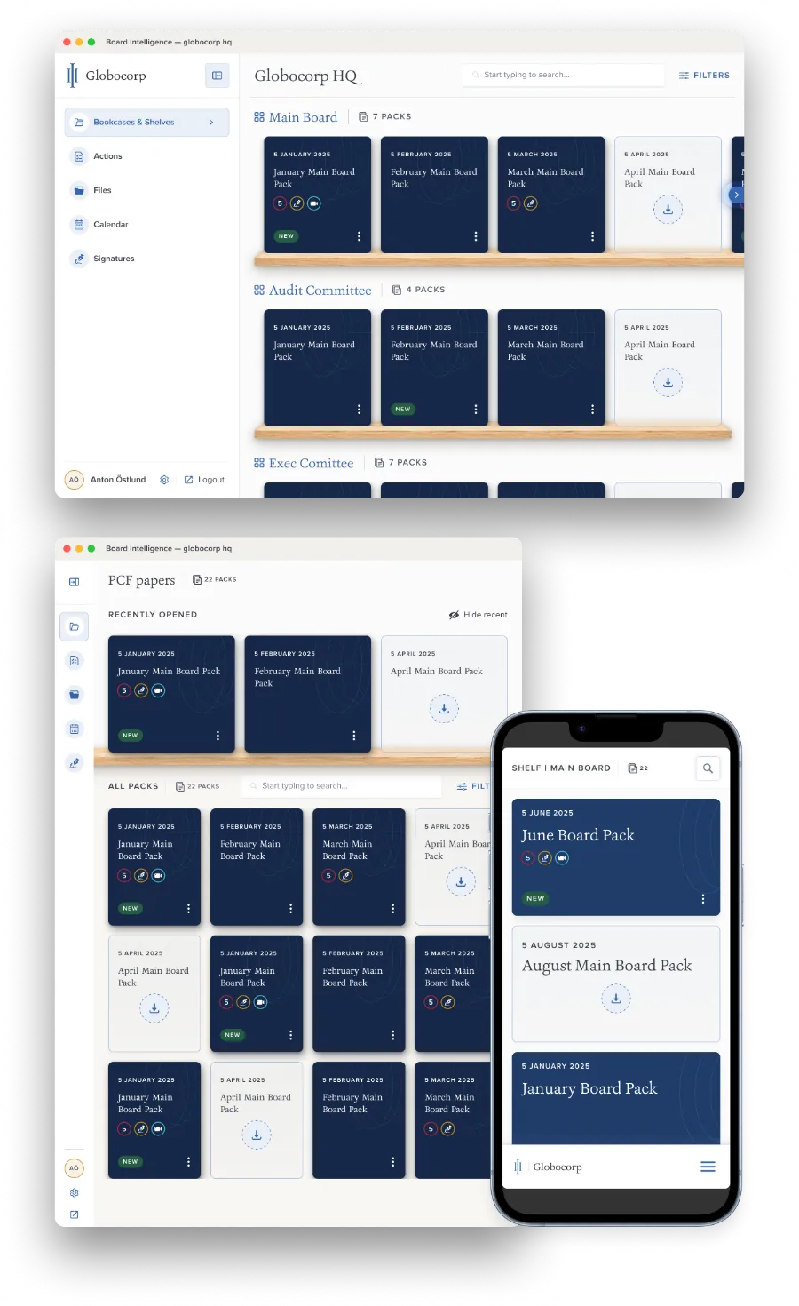 Board Portals web interface: meeting workspace and document shelves