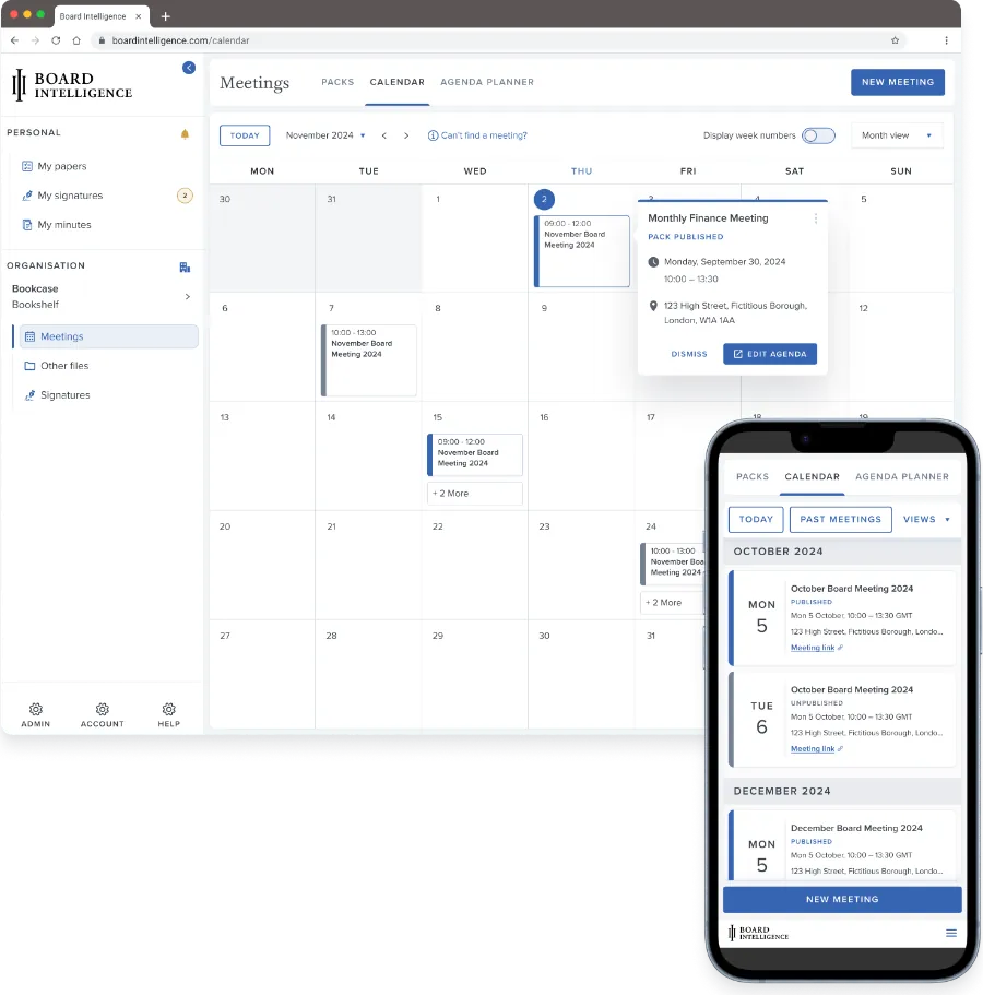 Board Portals iOS app: calendar month view with a meeting detail panel