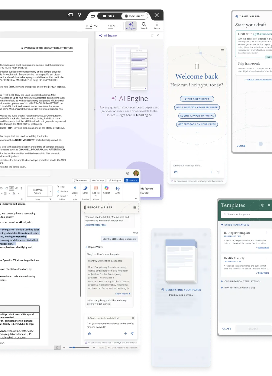 Report Writer interface: AI drafting panel, templates and document views