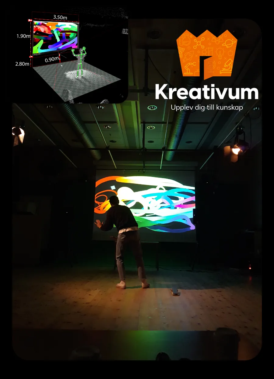 Synaesthetica installation: a visitor drawing light onto a projected wall with body movement
