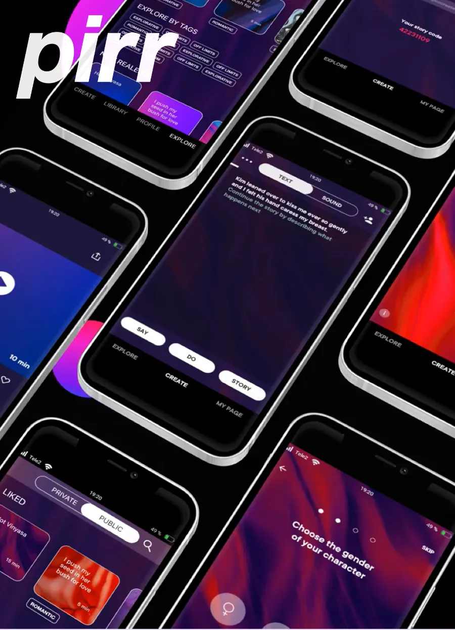 Pirr concept screens: story creation, tag browsing and character setup on iPhone