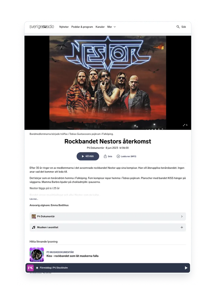 Sveriges Radio episode page for the P4 documentary Rockbandet Nestors återkomst